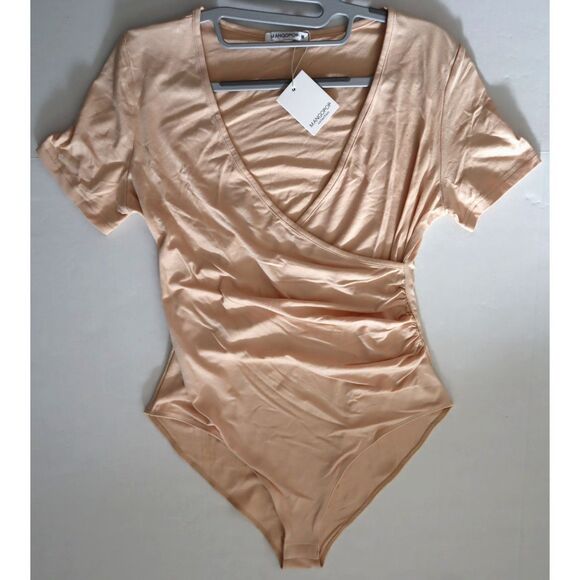 MANGOPOP Women's Sz M Peach Cross Wrap Ruched Plunge Neck Deep V S/S Bodysuit - Picture 4 of 5